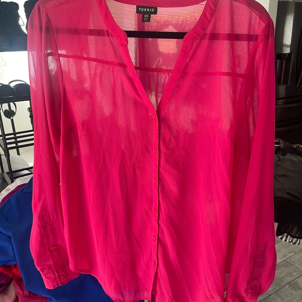 Torrid Sheer Hot Pink Button Up Blouse Size 00